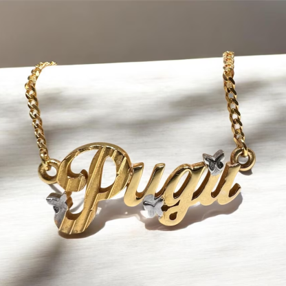 Personalized Two Tone Butterfly Nameplate Necklace