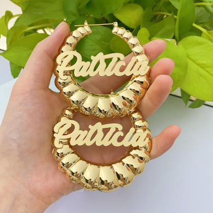 Custom Chunky Bamboo Hoop Earrings with Nameplate