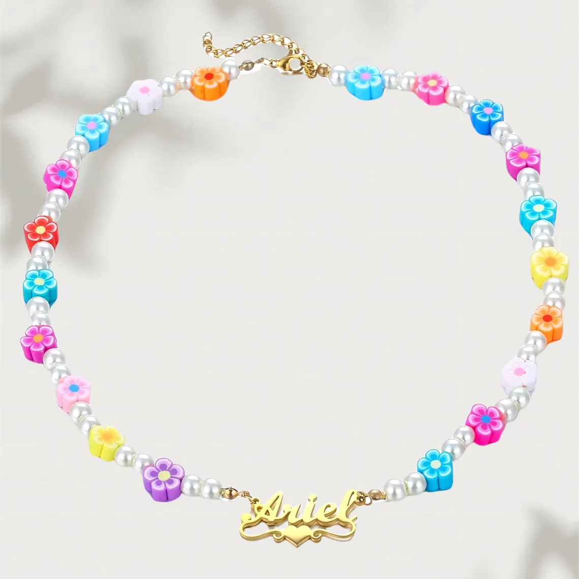 Heart Nameplate Pendant Pearl Chain with Colorful Flower Beads