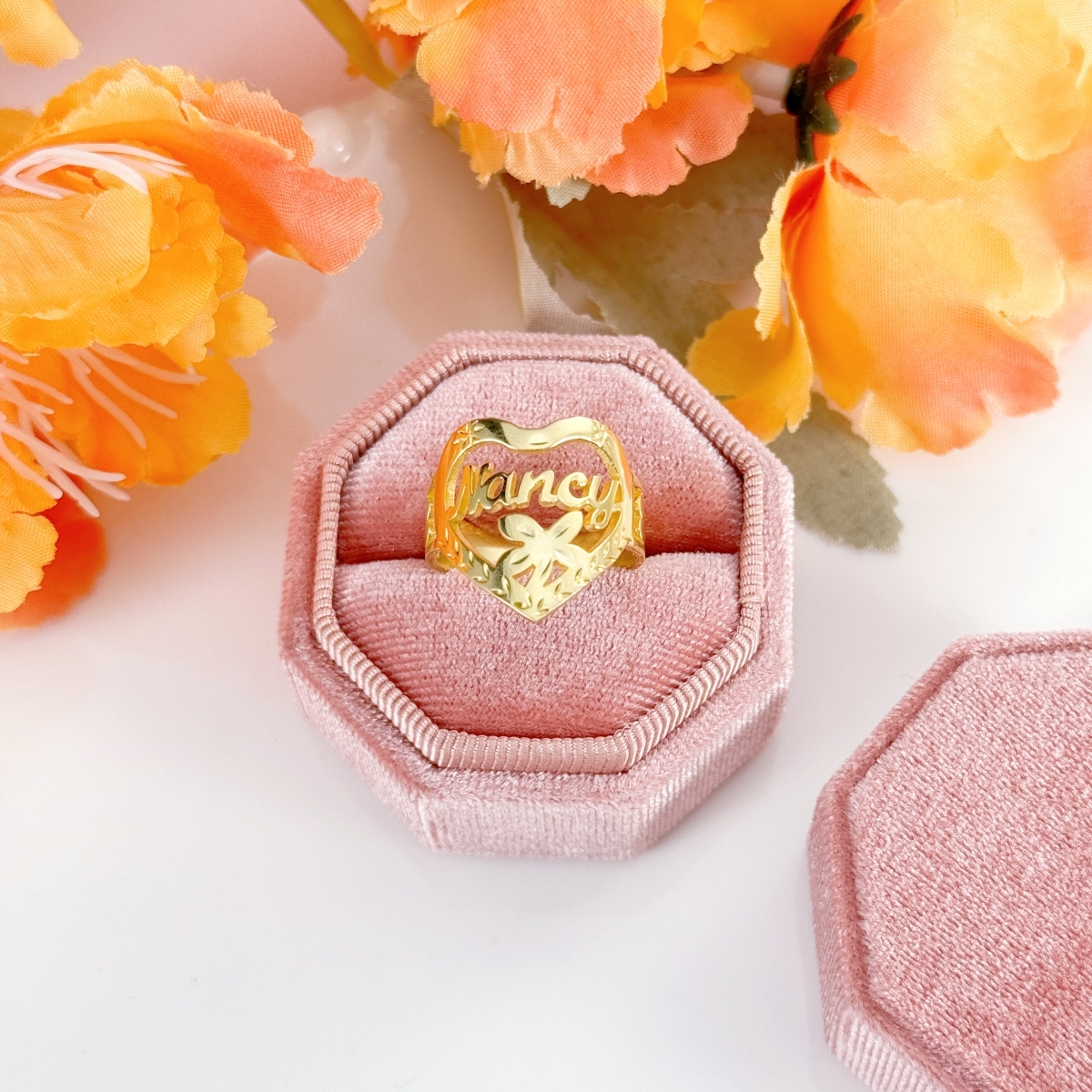 Heart Shaped Flower Engraved Gold Plated Personalized Custom Name Ring