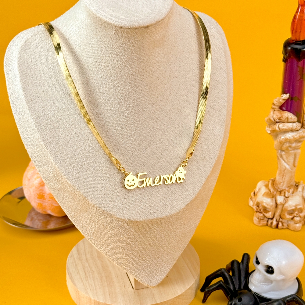 Snake Chain Halloween Pumpkin Ghost Nameplate Pendant Necklace