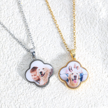 Custom Lucky Clover Photo Pendant Necklace Family Memorial Jewelry