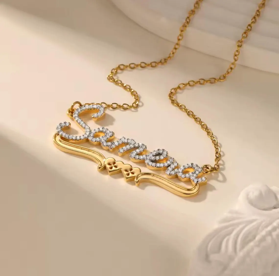 Bling Personalized Double Hearts Zirconia Name Necklace Diamond Cut