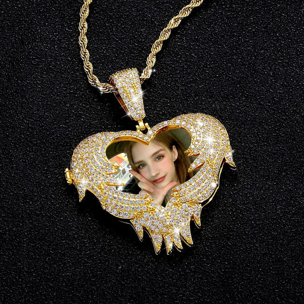 Iced Heart Locket Picture Pendant Personalized Photo Necklace