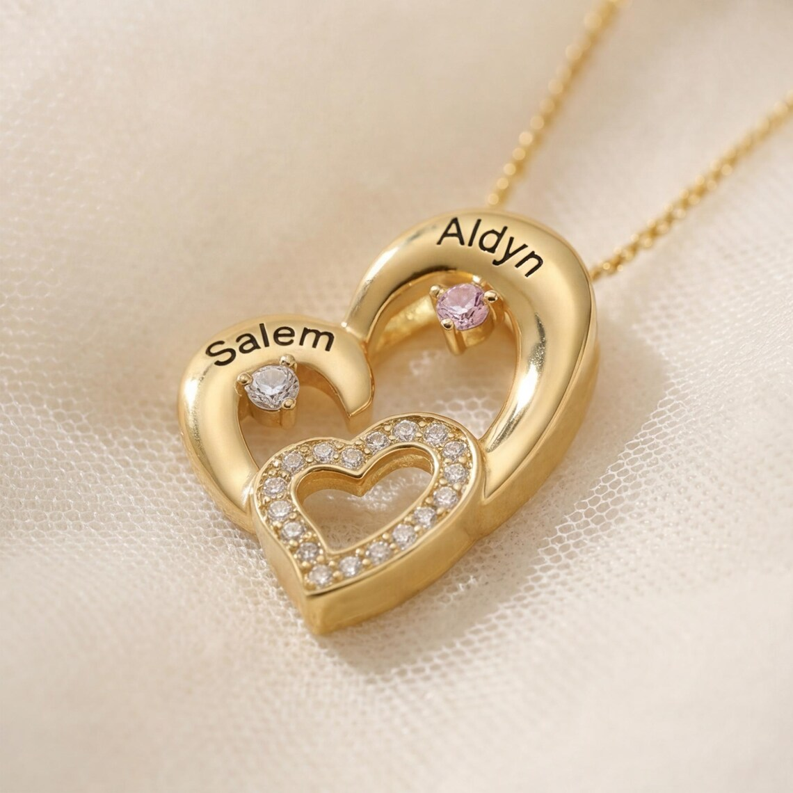 Custom Zirconia Heart Pendant with Two Engraved Names and Birthstones Necklace