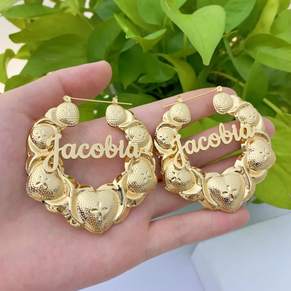 Custom Large Heart Xo Bamboo Name Earrings Gold Plated