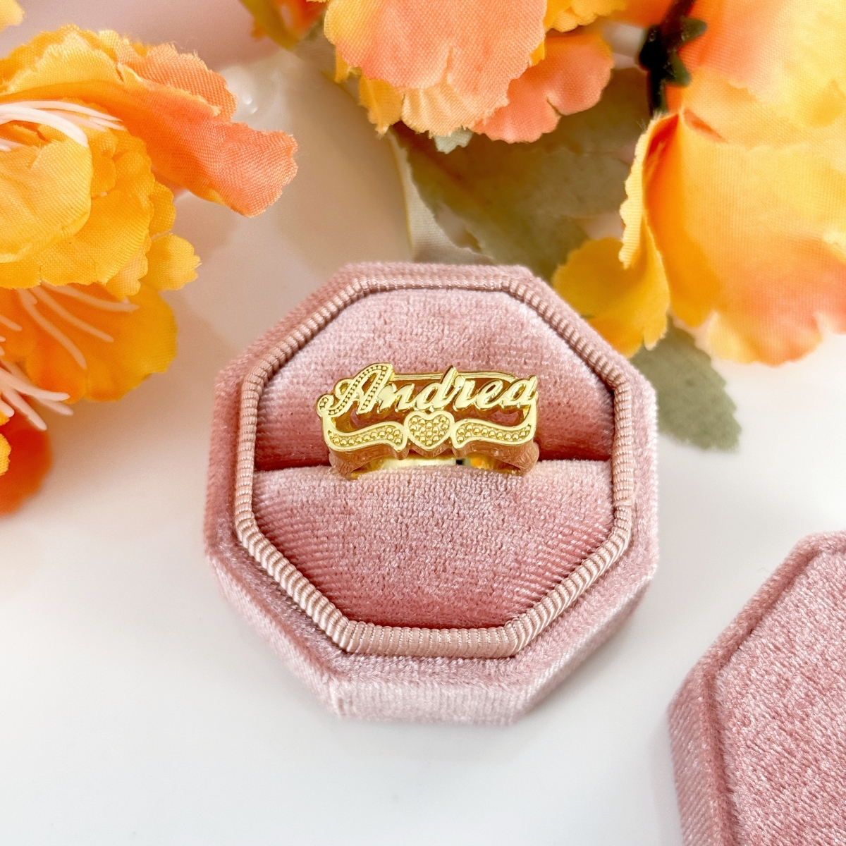 Two Tone Nameplate with Heart Personalized Custom Gold Plated Name Ring