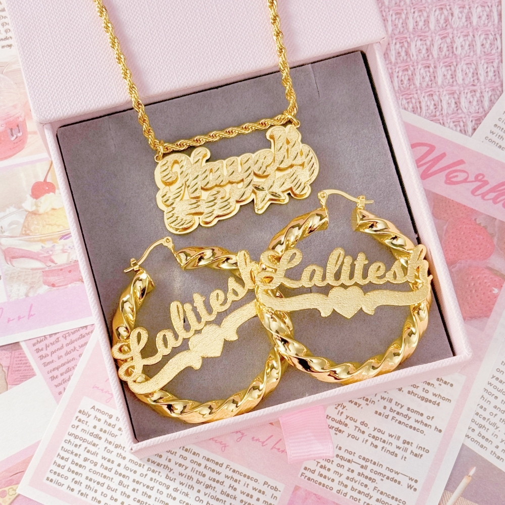 Diamond Cut 3D Name Necklace and Heart Name Twist Hoop Earrings Set