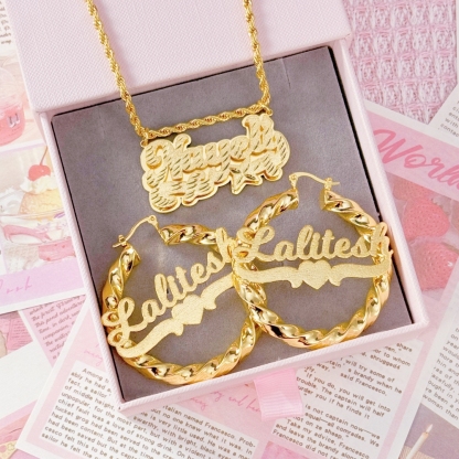 Diamond Cut 3D Name Necklace and Heart Name Twist Hoop Earrings Set