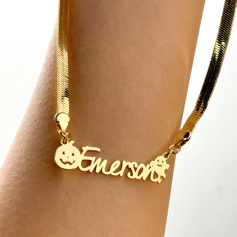 Snake Chain Halloween Pumpkin Ghost Nameplate Pendant Necklace