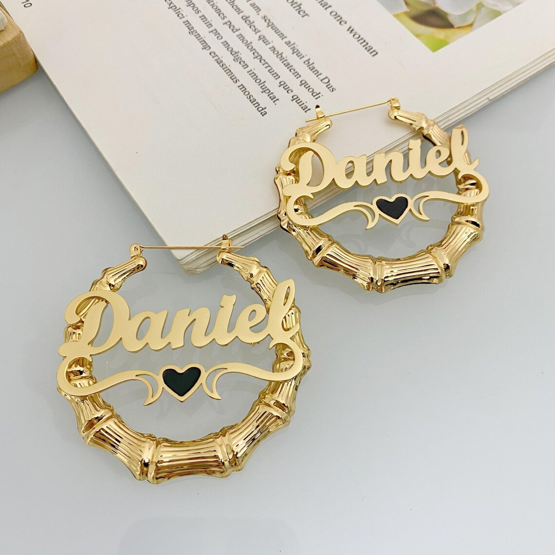 Gold Plated Enamel Heart Nameplate Necklace and Bamboo Earrings Jewelry Set