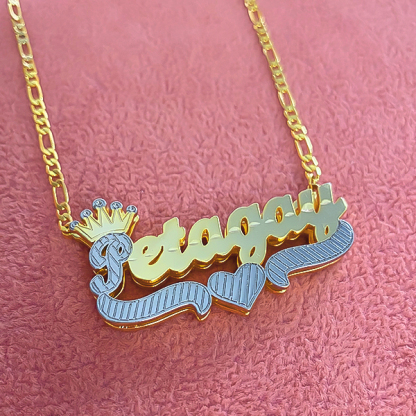 Double Layer Two Tone with Crown Heart Personalized Custom Gold Plated Name Necklace