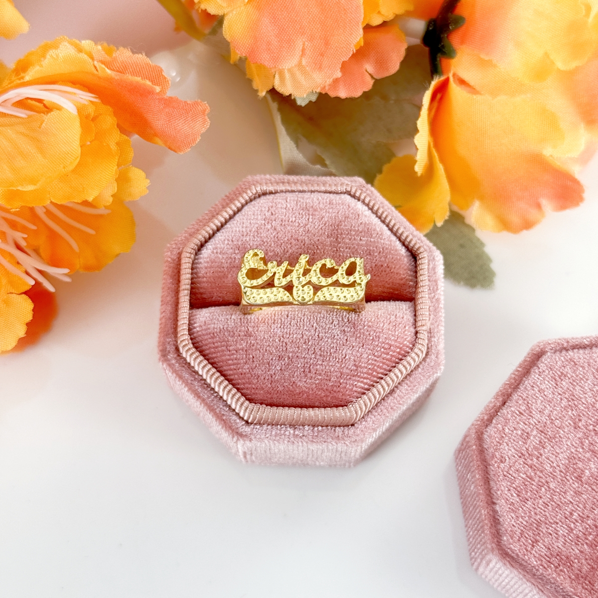 Gold Plated Custom Heart Carved Name Ring