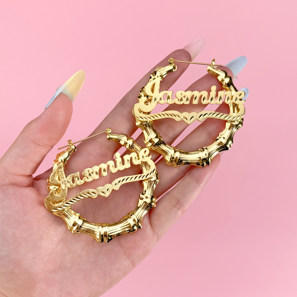 Custom Diamond Cut Heart Nameplate Bamboo Earrings
