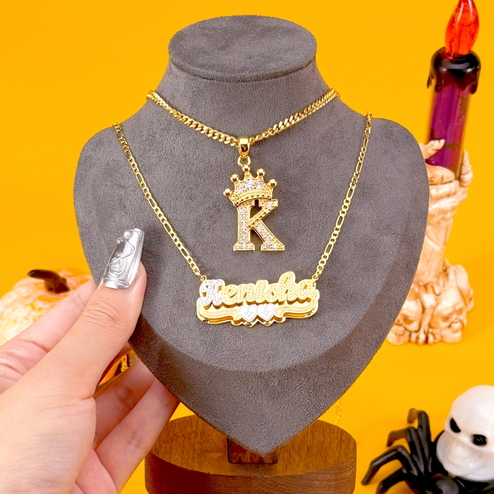 Crown Initial Pendant and Double Layer Two Hearts Name Necklace Set