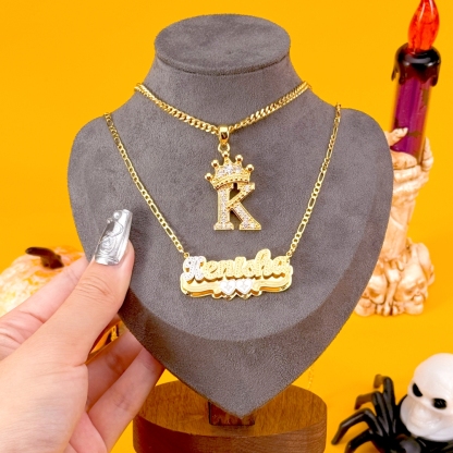 Crown Initial Pendant and Double Layer Two Hearts Name Necklace Set
