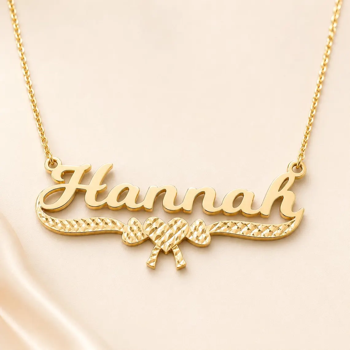 Personalized Diamond Cut Heart Ribbon Nameplate Necklace