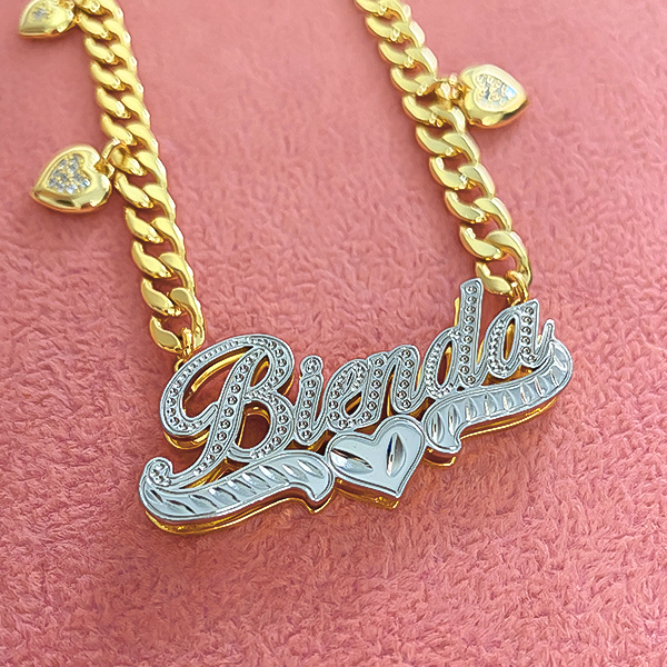 Double Layer Two Tone Heart Nameplate Cuban Chain With Heart Personalized Custom Name Necklace-silviax