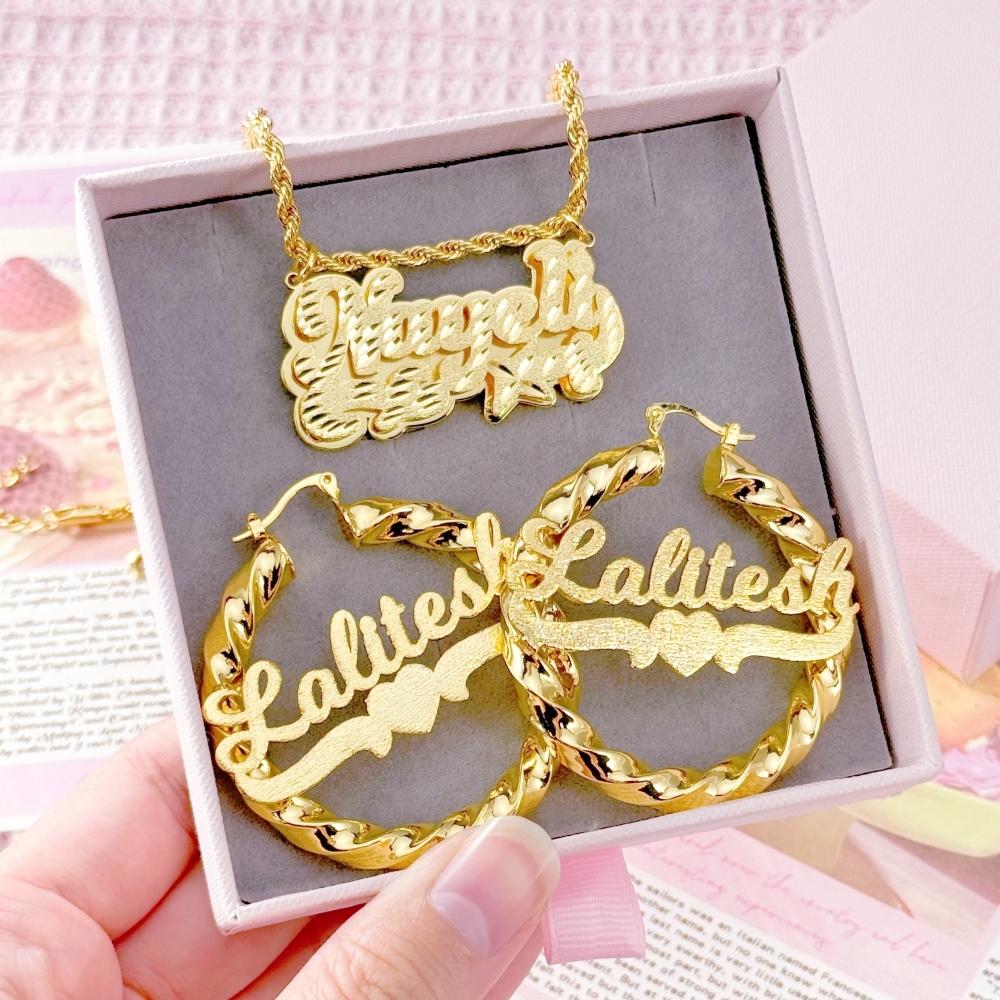 Diamond Cut 3D Name Necklace and Heart Name Twist Hoop Earrings Set