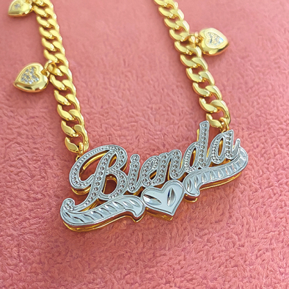 Double Layer Two Tone Heart Nameplate Cuban Chain With Heart Personalized Custom Name Necklace