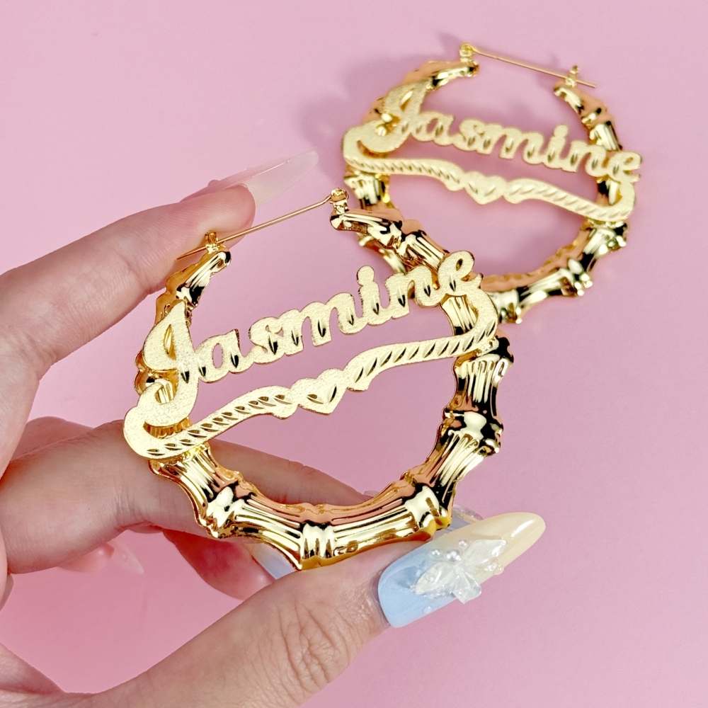Custom Diamond Cut Heart Nameplate Bamboo Earrings