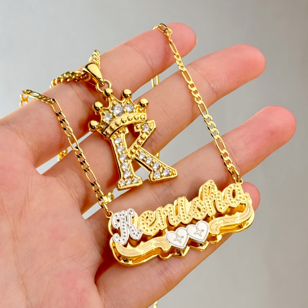 Crown Initial Pendant and Double Layer Two Hearts Name Necklace Set