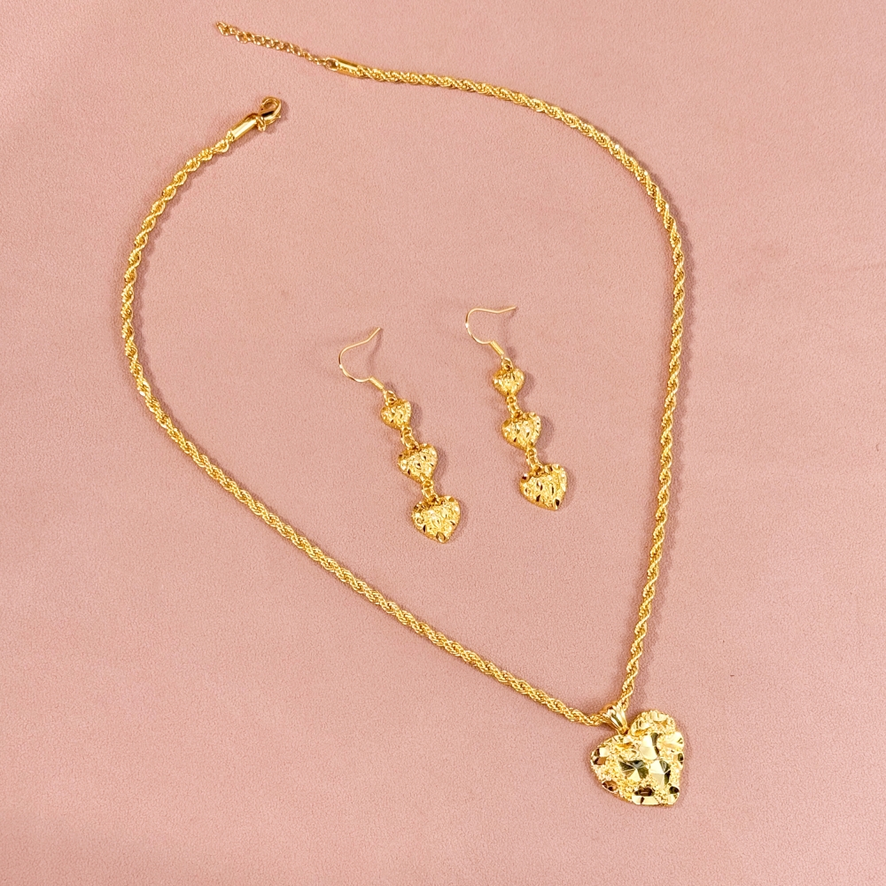 Nugget Style Heart Charm Necklace and Drop Earrings Set