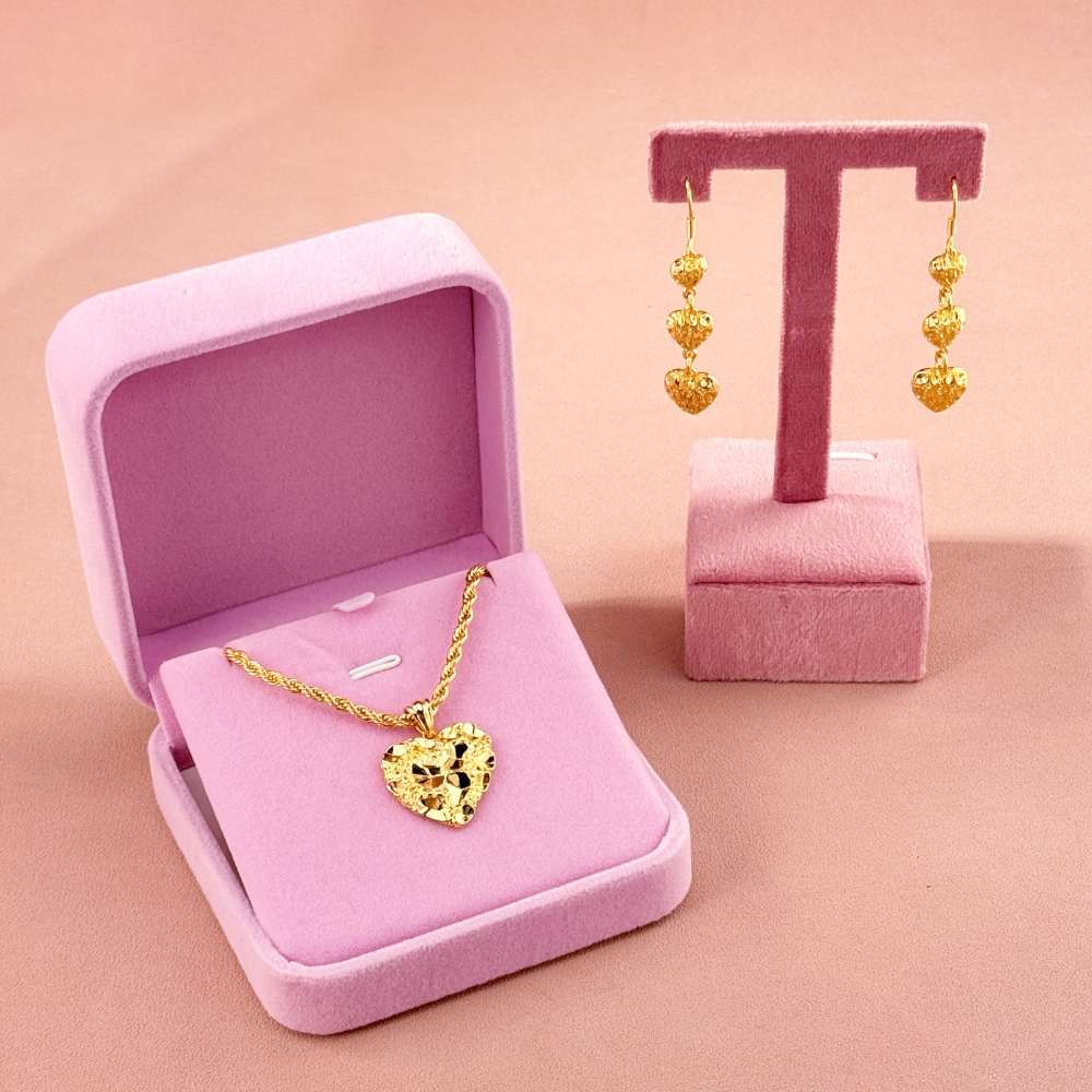 Nugget Style Heart Charm Necklace and Drop Earrings Set