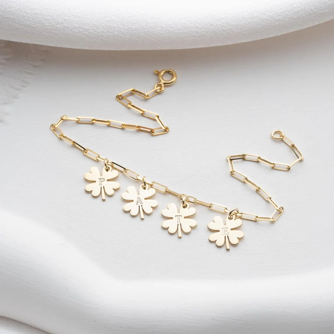 Four Leaf Clover Pendants Initials Name Bracelet Gold Plated