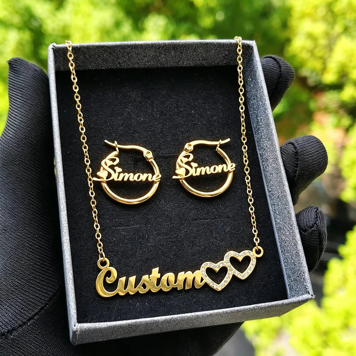 Personalized Hearts Name Necklace Hoop Earrings Set