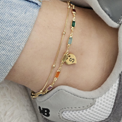 Double Layer Personalized Heart Initial Pendant Colorful Zircon Anklet