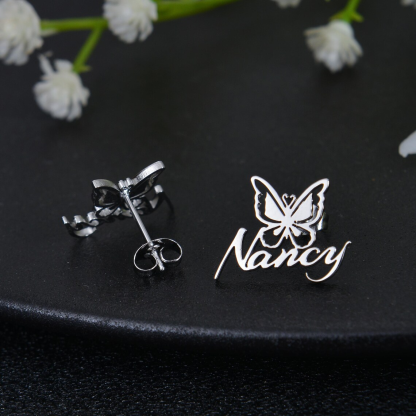 Butterfly Personalized Nameplate Gold Plated Stud Earrings