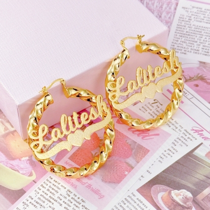 Diamond Cut 3D Name Necklace and Heart Name Twist Hoop Earrings Set