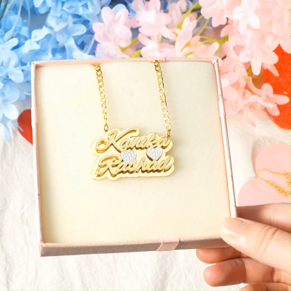 Double Plate Two Tone with Two Hearts Personalized Custom Gold Plated Two Names Necklace