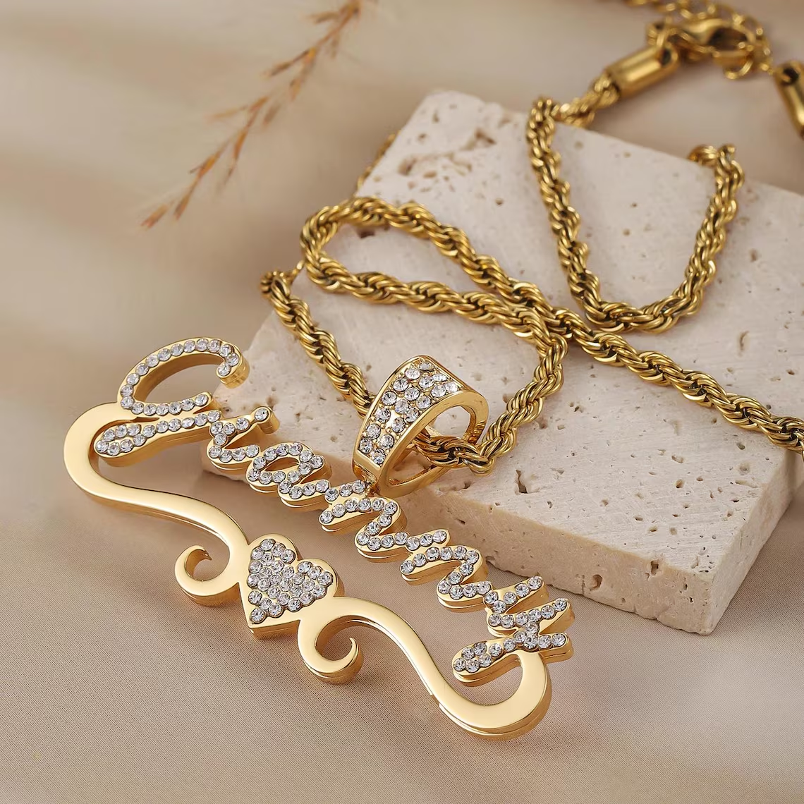 Custom Shiny Double Layer Zircon Heart Name Necklace 
