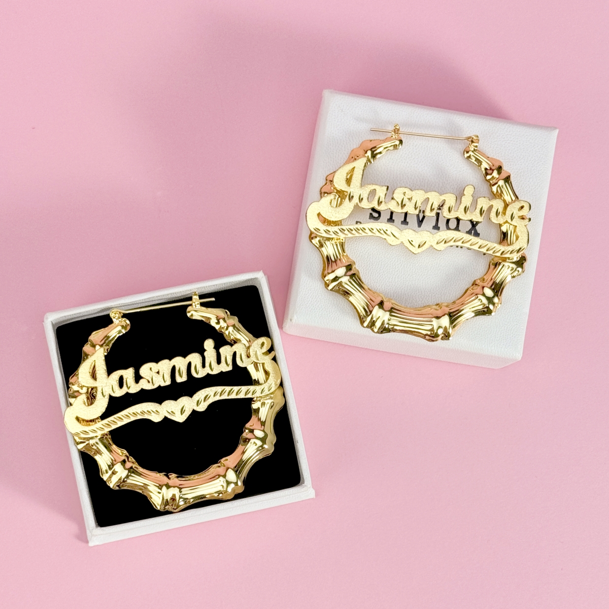 Custom Diamond Cut Heart Nameplate Bamboo Earrings