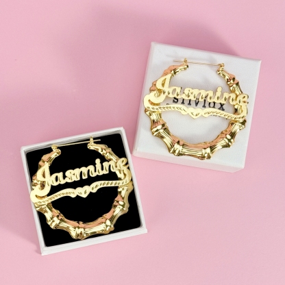 Custom Diamond Cut Heart Nameplate Bamboo Earrings