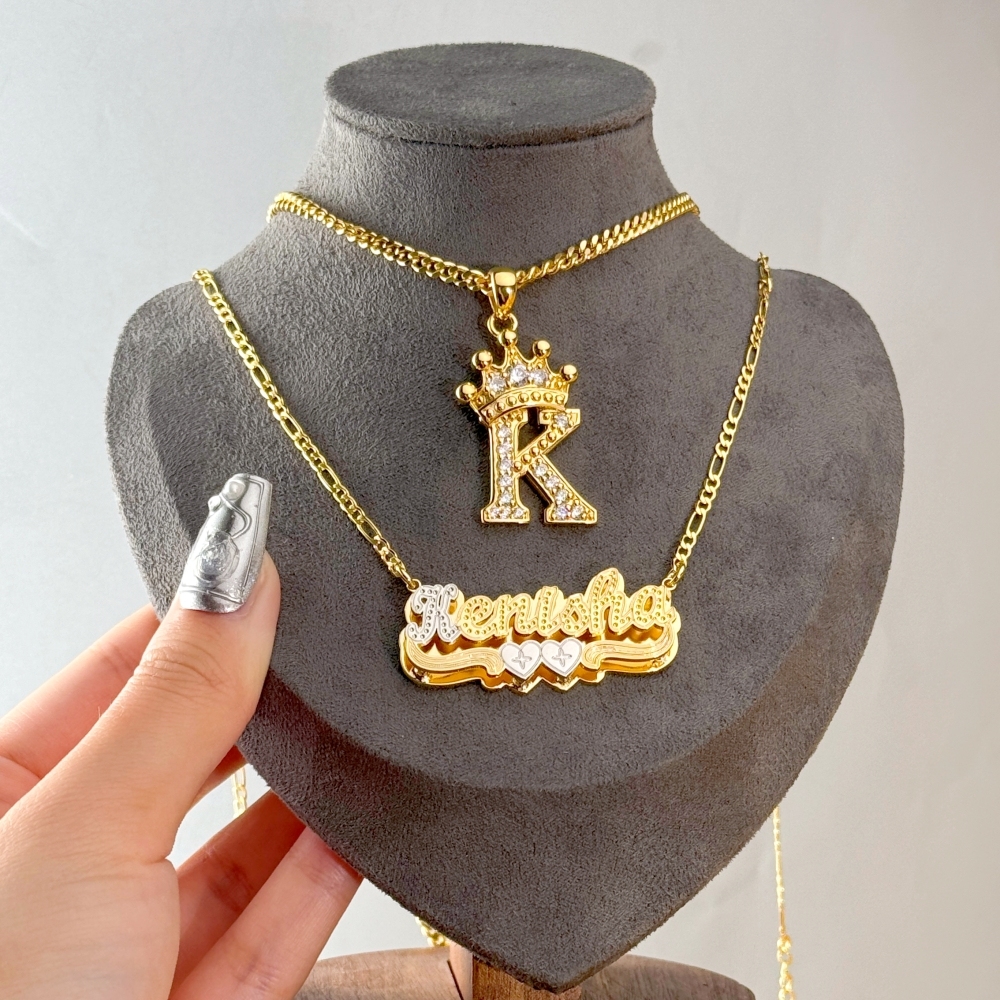 Crown Initial Pendant and Double Layer Two Hearts Name Necklace Set