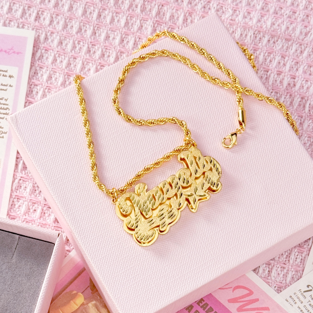 Diamond Cut 3D Name Necklace and Heart Name Twist Hoop Earrings Set