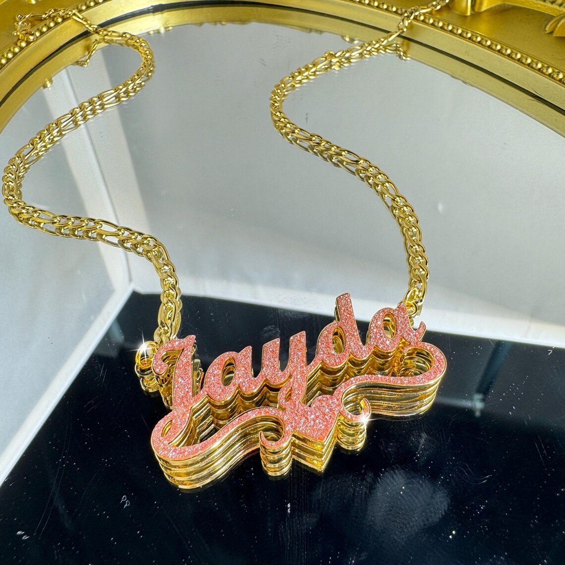 Pink Shiny Heart Stainless Steel Custom Double Layer Name Necklace