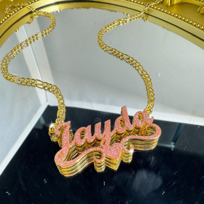 Pink Shiny Heart Stainless Steel Custom Double Layer Name Necklace