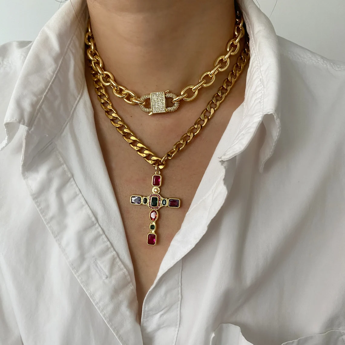 Chunky Colorful Gemstone Big Cross Pendant Necklace
