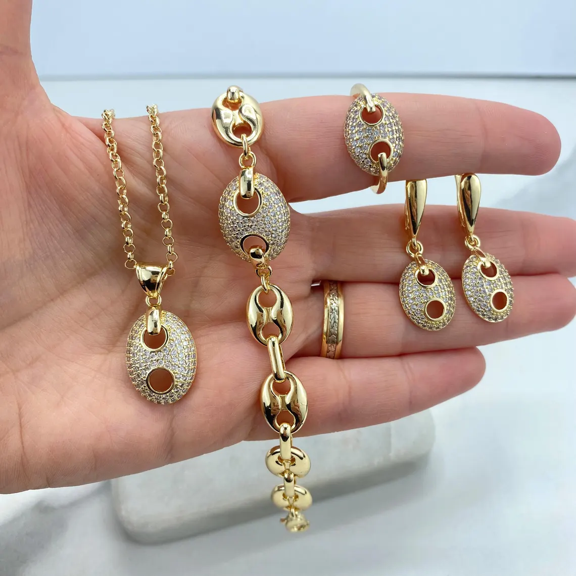 Zirconia Puffed Mariner Anchor Chain Gold Plated Jewelry Set 4pcs