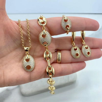 Zirconia Puffed Mariner Anchor Chain Gold Plated Jewelry Set 4pcs
