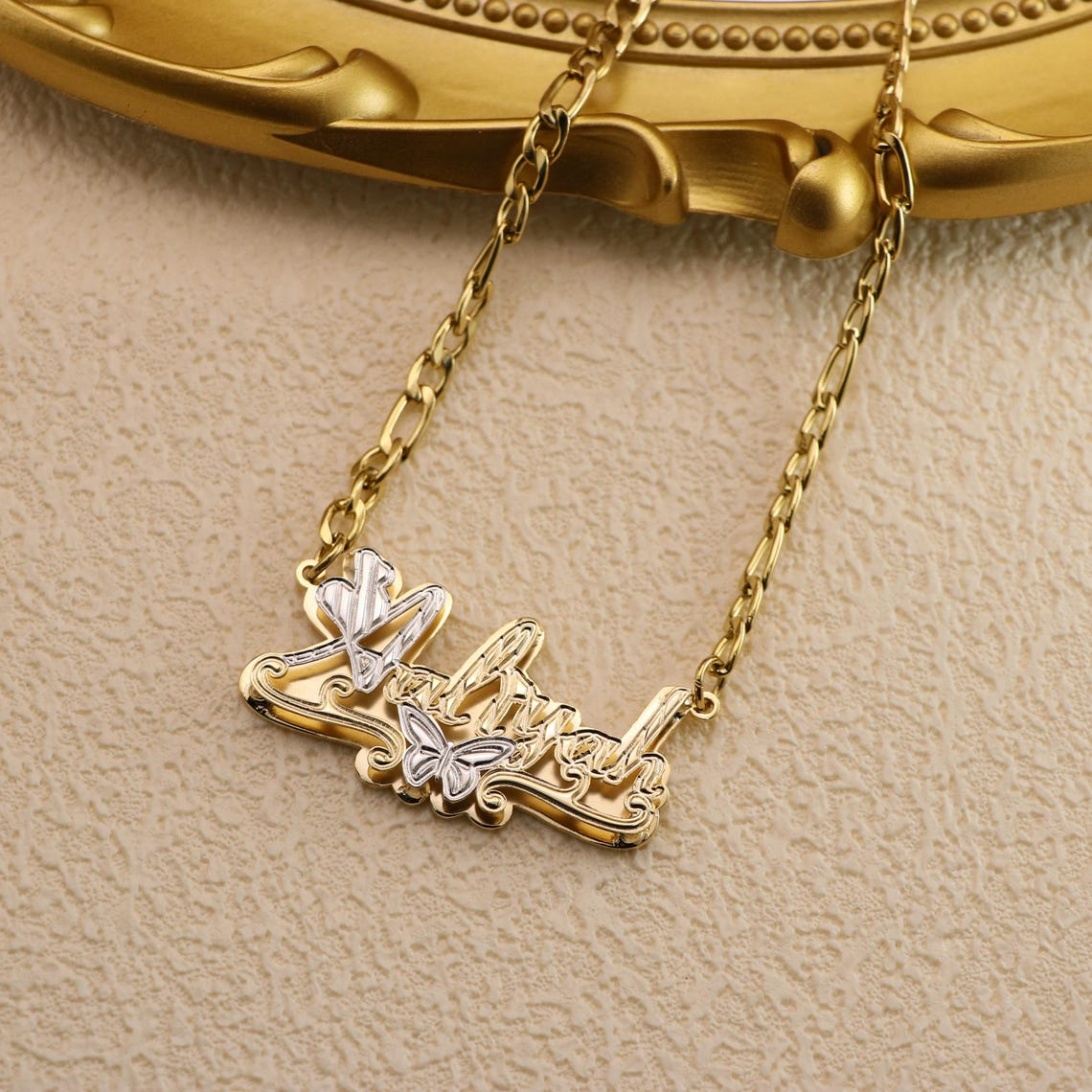 Double Layer Two Tone Custom Butterfly Heart Name Necklace
