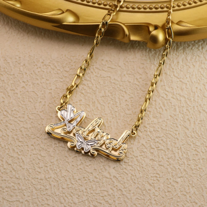 Double Layer Two Tone Custom Butterfly Heart Name Necklace