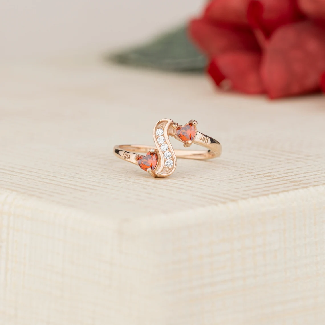 2 or 4 Engraved Names with Heart Birthstones Custom Ring Family Ring