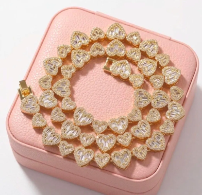 Iced Out Baguette Cut Pave Heart Link Chain