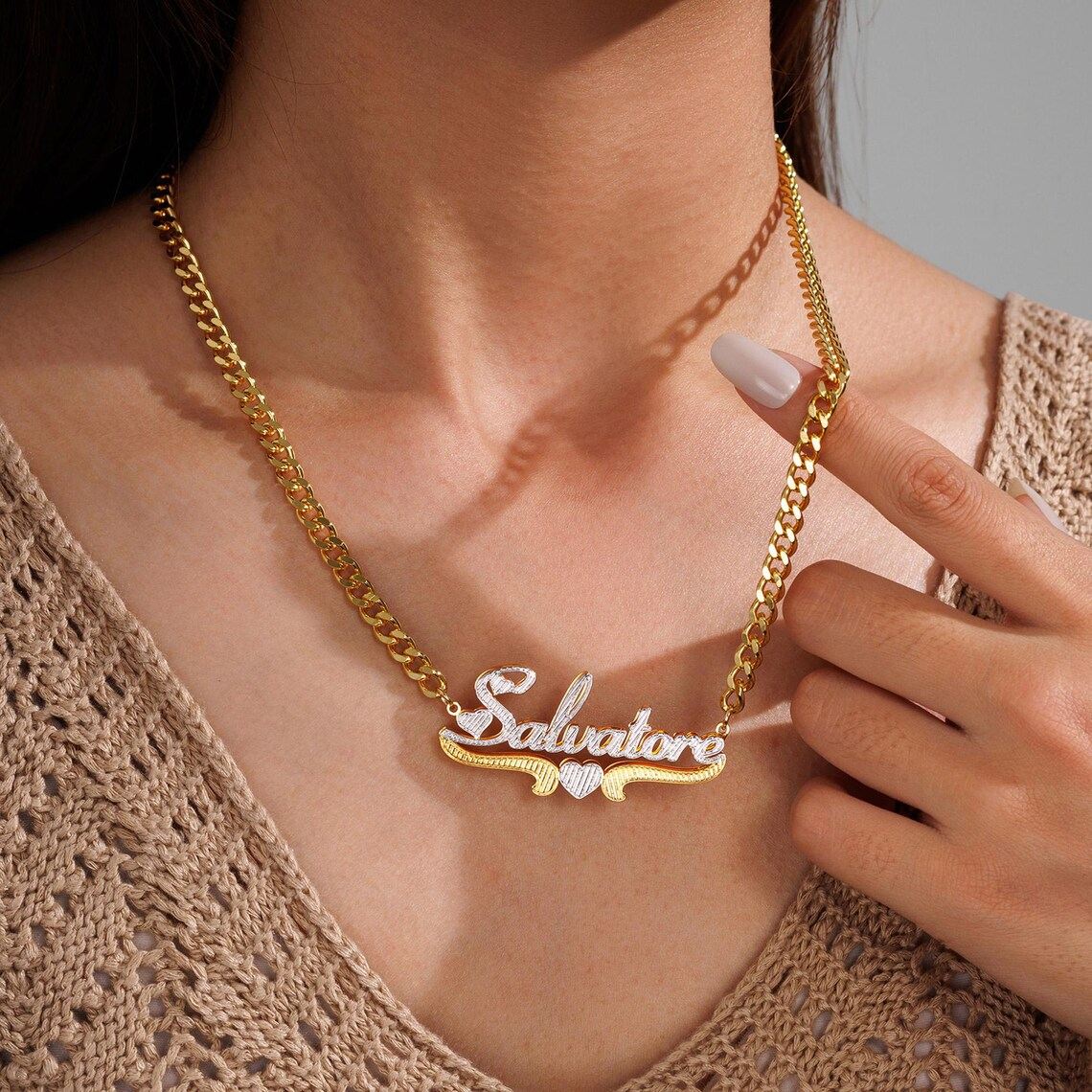 Custom Two Tone Double Plate 3D Heart Name Necklace