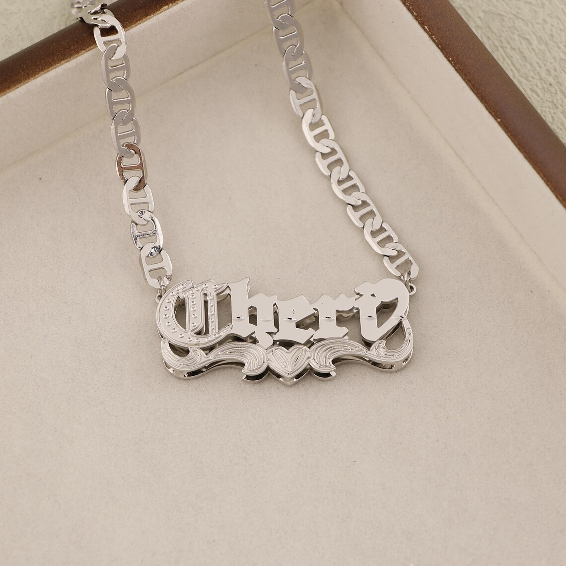 Custom Old English Double Layer Heart Name Necklace Mariner Chain
